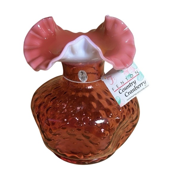Fenton Art Glass Country Cranberry Vase Ruffled Edge Handcrafted with gold‎